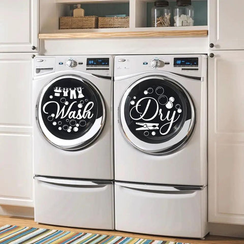 Heavy Duty Laundry Room Wall Stickers Featuring Wash And Dry Vinyl Decals For Your Home With Straight Up Minimalist Diy Decor Vibes In Crisp White Wall Accent Look on washer doors.