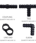 Drip Irrigation Fittings Kit With Half Inch Tubing Set 40 Pieces Of Barbed Connectors Including 10 Tees 10 Couplings 10 Elbows And 10 End Cap Plugs