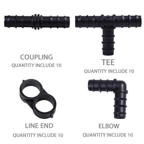 Drip Irrigation Fittings Kit With Half Inch Tubing Set 40 Pieces Of Barbed Connectors Including 10 Tees 10 Couplings 10 Elbows And 10 End Cap Plugs