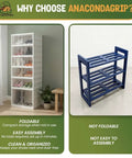 Foldable Six Tier Shoe Rack Organizer With Clear Magnetic Doors next to non-foldable shoe rack, both shown in home setting.