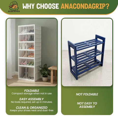Foldable Six Tier Shoe Rack Organizer With Clear Magnetic Doors next to non-foldable shoe rack, both shown in home setting.