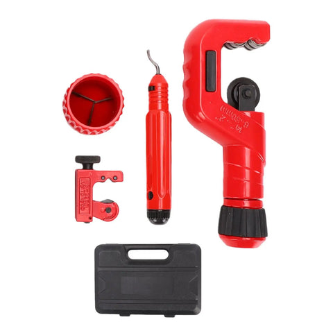 4-Piece Tubing Cutter Kit with Ergonomic Handles and deburring tool shown with case