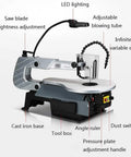 Heavy Duty Desktop Curve Saw Cuts Wood And Steel Without Breaking A Sweat Corded Electric Jig Tool With Dust Free Shield And Effortless Angle Tweaks, detailed features with LED light, adjustable blowing tube, and cast iron base.