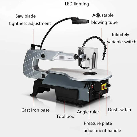 Heavy Duty Desktop Curve Saw Cuts Wood And Steel Without Breaking A Sweat Corded Electric Jig Tool With Dust Free Shield And Effortless Angle Tweaks, detailed features with LED light, adjustable blowing tube, and cast iron base.