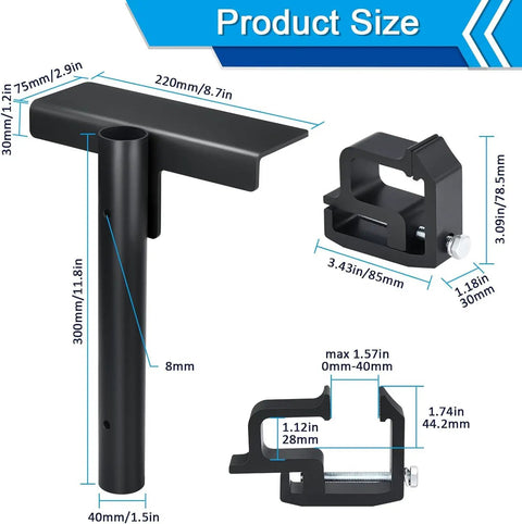 Universal Truck Bed Flag Pole Mount Kit Featuring Beefy No Drill Hardware Legit Rust Resistant Finish And Quick Turn Hand Tighten Knobs For Rv Trailer Camping Accessories Fits Up To One Point Five Inch Tubes Hassle Free dimensions image showing product size and features