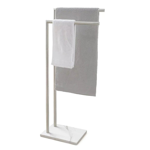 41 Inch Standing Towel Rack With Beefy Marble Base, Double L Shape Floor Towel Holder For Bath Towels Up To 80 Inches, Stainless Steel Brushed Nickel Finish, Tall Bathroom Floor Stand