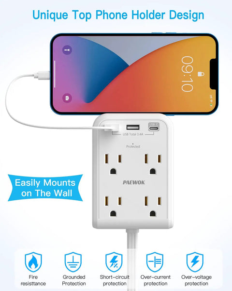 7 In 1 Flat Extension Cord Power Strip With USB C And USB A Ports, featuring 4 outlets, 3 USB, phone holder