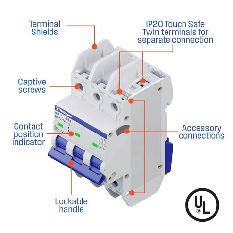 UL 489 AC Miniature Circuit Breaker 3 Amp 3 Pole C Curve For 480Y 277V AC 10kA SCCR Thermal Magnetic Trip DIN Rail Mount White