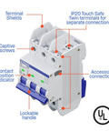 UL 489 AC Miniature Circuit Breaker 5 Amp 3 Pole D Curve 480Y 277V AC 10kA SCCR Thermal Magnetic Trip DIN Rail White WMBB3D05-1 with labeled parts