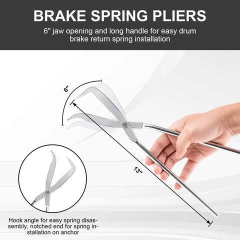 Drum Brake Tool Kit 8 Piece Pro Set With Brake Spring Pliers 6-inch jaw open, shown in hand for GM Chassis vehicle repair.