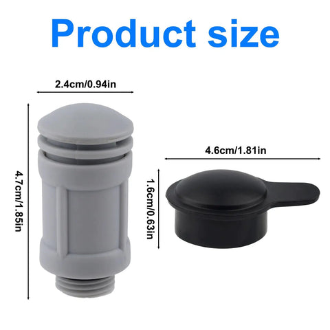 Air Jet Valve And Cap Replacement Kit For Pool Inlet Repair shown with size dimensions, durable plastic valve with cap.