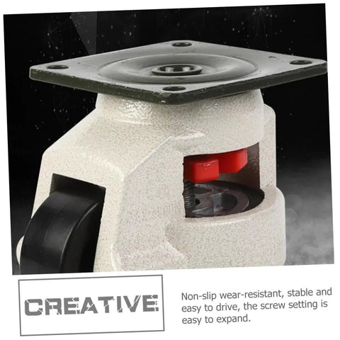 Rock Solid Heavy Duty Swivel Casters With Quick Adjust Leveling Feet Smooth Rolling 360 Degree Anti Skid Base For Industrial Workbenches And Heavy Equipment Four Pack Set close-up of caster with screw setting and non-slip texture.
