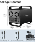 Hella Fast Badass 4 Bay External Hard Drive Enclosure For 3.5 and 2.5 Inch Sata Hdd Ssd With 10Gbps Usb C Support Up To 88Tb Capacity And Smart Cooling Fans Premium Aluminum Shell For Reliable Desktop Backup Station showing ports and cables.