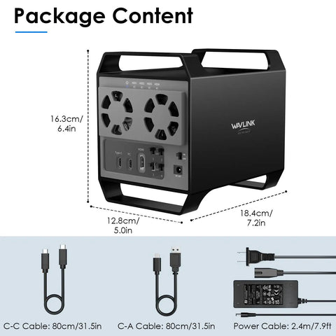 Hella Fast Badass 4 Bay External Hard Drive Enclosure For 3.5 and 2.5 Inch Sata Hdd Ssd With 10Gbps Usb C Support Up To 88Tb Capacity And Smart Cooling Fans Premium Aluminum Shell For Reliable Desktop Backup Station showing ports and cables.