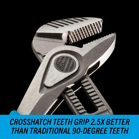 SpeedGrip High Carbon Steel Tongue And Groove Pliers with crosshatch teeth and push-button lock, made in USA