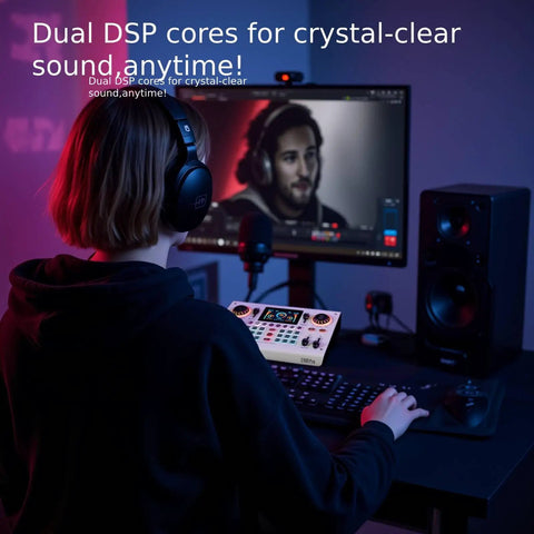 Streamer using C100 Pro P15 Portable Mixing Console And Sound Card Kit at desktop setup, enhancing audio with noise reduction.