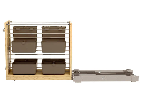 Wood Base Cabinet Pullout Organizer With Soft Close Modular Utensil Bin Knife Bin And Spice Bins Includes Wire Frame Blum Soft Close Slides And Washable Bins For A Sweet Easy Access Kitchen Setup