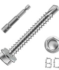 Self Drilling Screws For Metal With Hex Washer Head, Size Eight By One And A Half Inches, 410 Stainless Steel Magnetic Built Tough Heavy Duty High Strength Self Tapping Tek Screws For HVAC Roofing Wood To Steel With Waterproof Washers