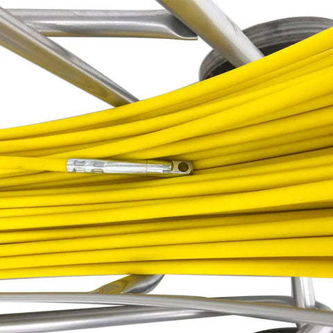 Heavy Duty Fiberglass Fish Tape Duct Rodder Workhorse Reel With Smart Brake And Dual Wheels 820 feet long yellow cable for conduit wiring.