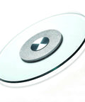 Top Shelf Heavy Duty Tempered Glass Lazy Susan Turntable with smooth glass surface and stainless steel center for easy dining.