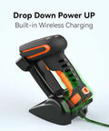 Rugged 2D Industrial Barcode Scanner With Wireless Charging Stand Bluetooth 433MHz 2In1 Reader in charging position