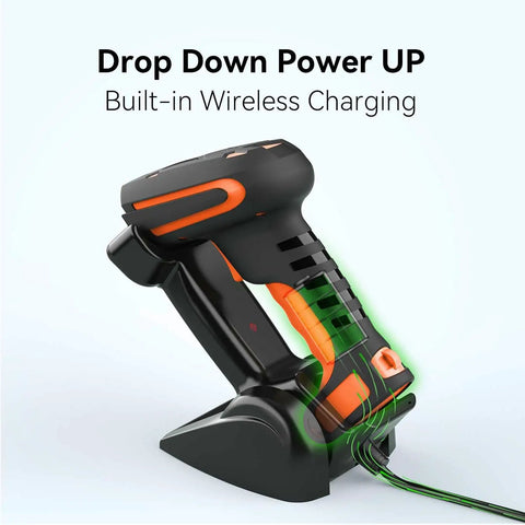 Rugged 2D Industrial Barcode Scanner With Wireless Charging Stand Bluetooth 433MHz 2In1 Reader in charging position