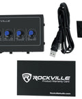 Mini 2x2 USB Audio Interface With 24 Bit 192kHz Conversion Plug And Play Ready Phantom Power Bus Powered Ideal For Home Studio Recording And Podcasting, black interface with knobs, USB cable, and warranty card displayed.