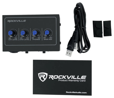 Mini 2x2 USB Audio Interface With 24 Bit 192kHz Conversion Plug And Play Ready Phantom Power Bus Powered Ideal For Home Studio Recording And Podcasting, black interface with knobs, USB cable, and warranty card displayed.