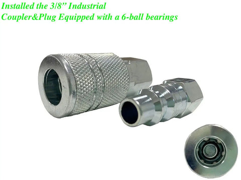 Close-up of 3/8 Inch Industrial Coupler and Plug with 6-ball bearings for Reinforced Polyurethane 3/8 Inch ID Air Hose, 100 Ft, 300 PSI.