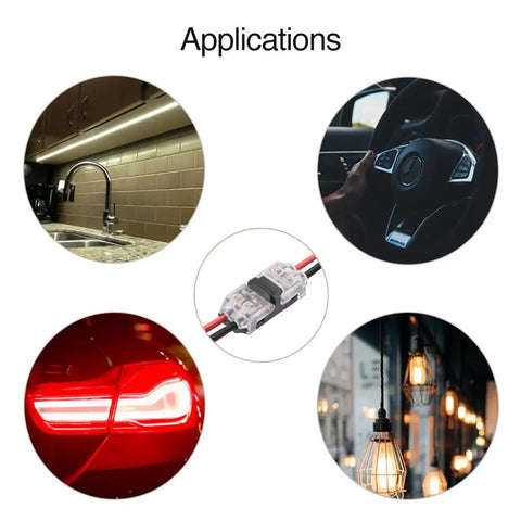 Different applications of Low Voltage Wire Connectors Quick Solderless Splice Kit 2 Way Automotive Connectors 12 Pack for 20 to 24 AWG Cables.