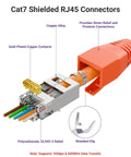 Cat7 shielded RJ45 connectors with gold-plated copper contacts and polycarbonate body, showing strain relief feature.