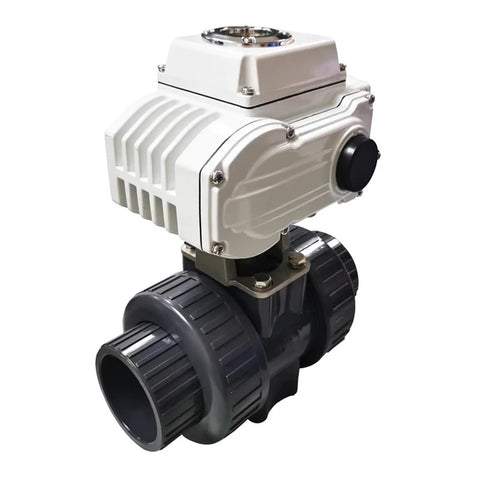 Rock-Solid DN65 PVC Electric Actuator Ball Valve 50MM Motorized 220V Water Control Plastic Pipe Fitting No-Jam Design close-up view.
