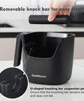 Black knock box for espresso grounds, pro-grade stainless steel barista tool with removable knock bar, handle and lid.