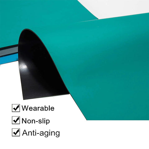 Side view of green rubber ESD soldering mat roll, 23.7 x 118 in, anti-static high-temperature desk mat