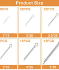230 Piece Cotter Pin Set With Six Sizes Stainless Steel Hairpin Fasteners For Automotive Work Lawn Mowers And Small Engines M1x16 M2x20 M2.5x25 M3x30 M4x35 M5x50 displayed in size chart