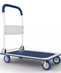 Rugged Folding Hand Truck With Wheels, 330 Lb Capacity, Portable Cart For Easy Moves At Home Or In The Warehouse, Workhorse Trolley For Moving Boxes, Packages, And Heavy Goods. Folded steel hand truck with blue handle and platform.