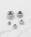 Pack Of Knurled Self Clinching Nuts M3 M4 M5 M6 M8 Crafted From Solid 304 Stainless Steel showing various sizes and close-up details.
