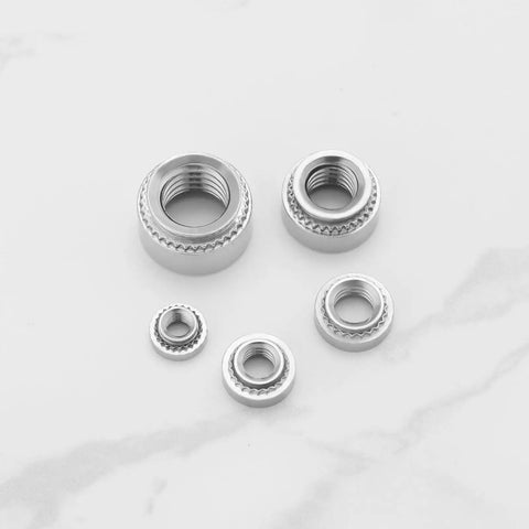 Pack Of Knurled Self Clinching Nuts M3 M4 M5 M6 M8 Crafted From Solid 304 Stainless Steel showing various sizes and close-up details.