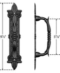 Heavy Duty 9 Inch Antique Barn Door Handle Set Of 4 For Gates Garages And Sheds Rustic Carved Door Pulls Built Tough With Solid Steel Construction And Frosted Black Powder Coated Finish, side and front view