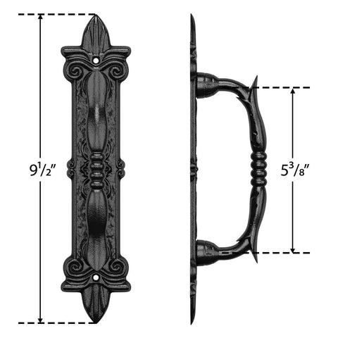 Heavy Duty 9 Inch Antique Barn Door Handle Set Of 4 For Gates Garages And Sheds Rustic Carved Door Pulls Built Tough With Solid Steel Construction And Frosted Black Powder Coated Finish, side and front view