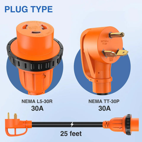 Beefy 30 Amp RV Locking Extension Cord 25 Ft 125V 10 Gauge Pure Copper STW Wire ETL Listed Weatherproof TT-30P L5-30R