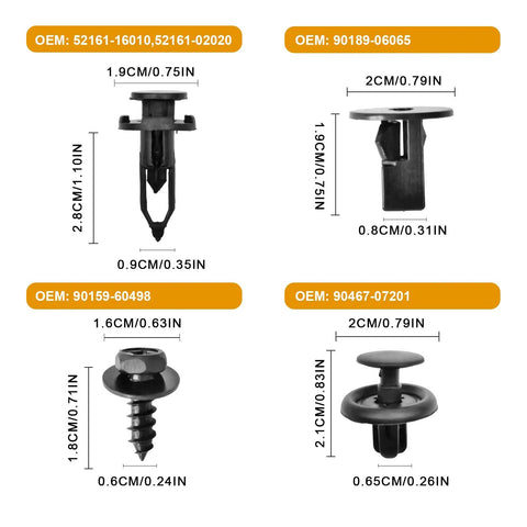 4 In 1 Bumper And Fender Liner Clip Kit For Toyota And Lexus With Screws Bolts Rivets showing four different fasteners with measurements