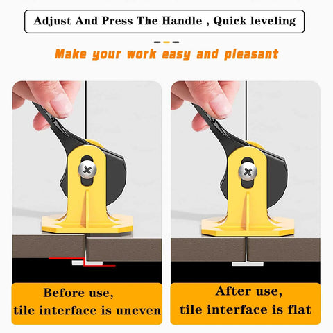 Tile Leveling System Kit With 1/8 Inch Spacers showing before and after use comparison with flat tile surface