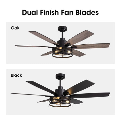 Dual finish fan blades of 60 Inch Ceiling Fan With Lights And Remote For Indoors And Outdoors In Black Caged Farmhouse Style.