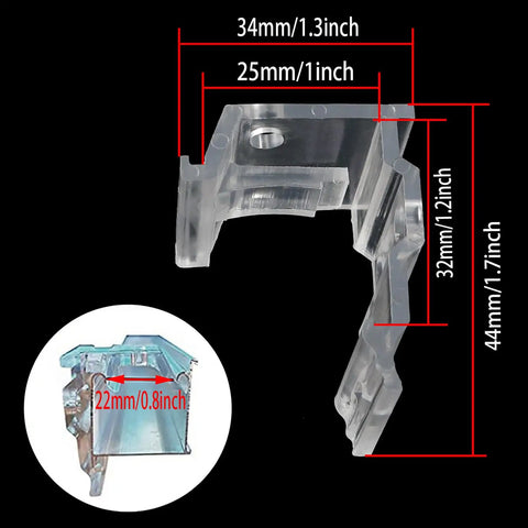 Two Piece Clear Concealed Mounting Brackets For One Inch Vinyl Or Aluminum Mini Blinds Heavy Duty Plastic Build, dimensions shown