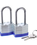 Laminated Steel Padlocks 1-9/16 Inch Wide Body, 2 Pack Keyed Alike With Long Shackle, Brass 4 Pin Cylinders and keys on white