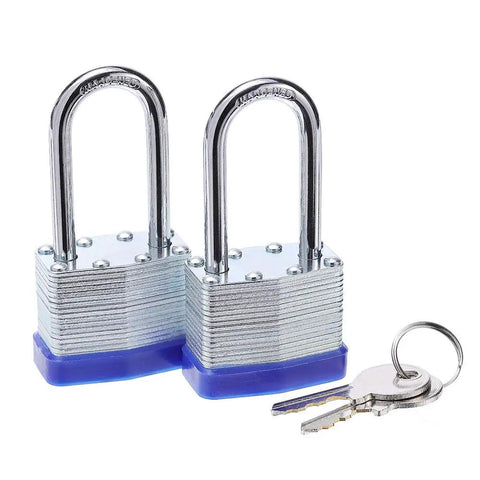 Laminated Steel Padlocks 1-9/16 Inch Wide Body, 2 Pack Keyed Alike With Long Shackle, Brass 4 Pin Cylinders and keys on white
