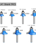 Top Tier Seven Piece Roundover Router Bit Set Featuring Quarter Inch Shafts And Razor Sharp Carbide Tips for precise corner rounding.