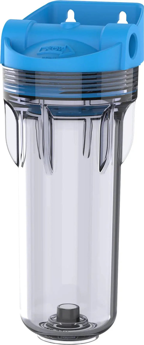 Clear 10 Inch Whole House Water Filter Housing With Integral Mounting Bracket And Three Quarter Inch NPT Inlet See Through