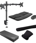 USB C Docking Station With 90W Power Delivery And 4K HDMI Paired With Heavy Duty Dual Monitor Desk Stand Full Wireless Keyboard Bundle With Gel Mouse Pad And Ergonomic Wrist Rest For No Brainer Workspace Upgrade And Reliable Daily Grind Setup, includes monitor stand, keyboard, mouse, and wrist rests.
